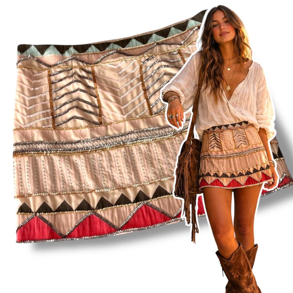 Sanctuary Sequin Mini Skirt Size Large Geometric Southwestern Boho Western Tan